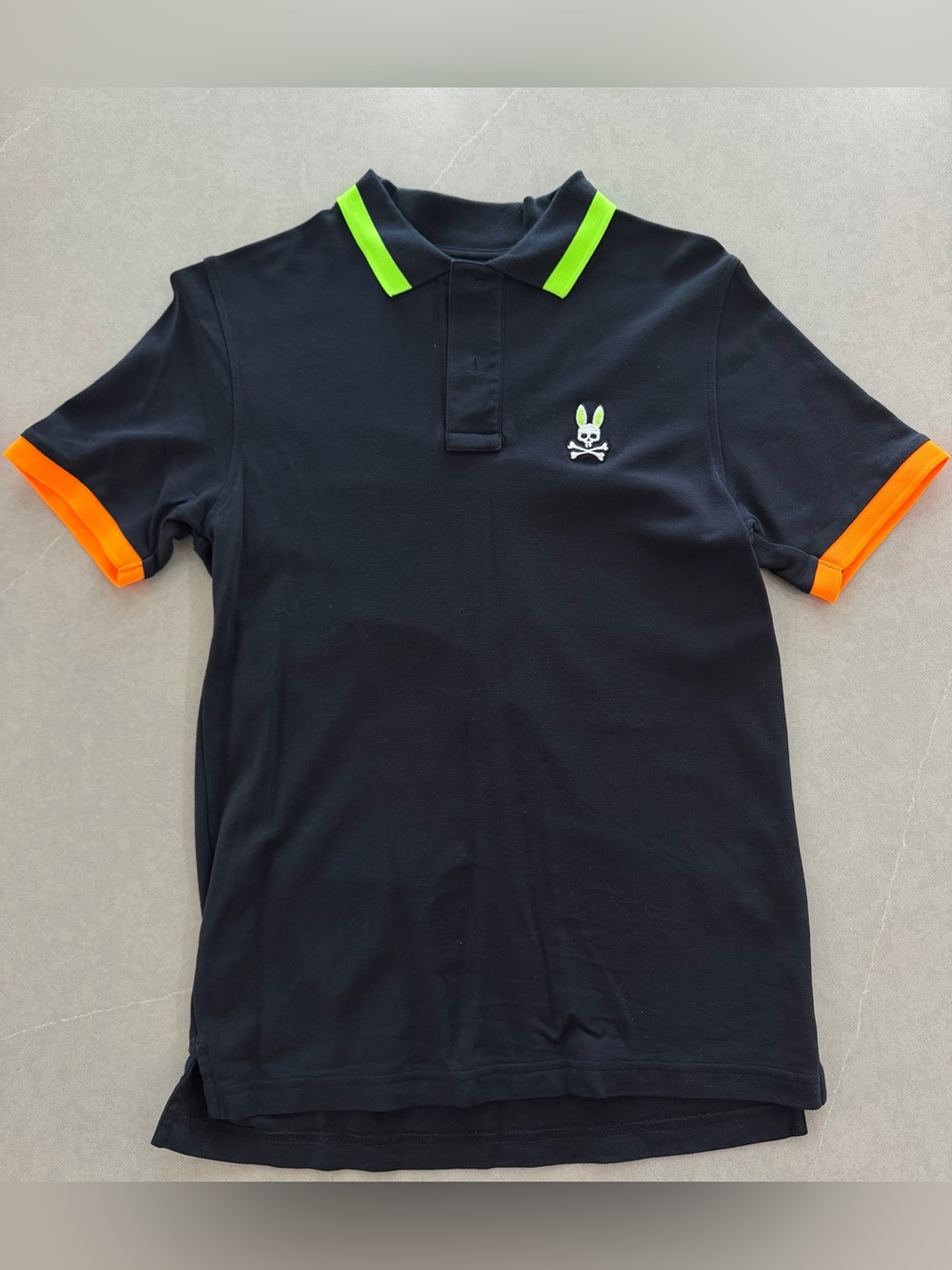 Black Polo with Neon Green Collar and Orange Sleeve Trim